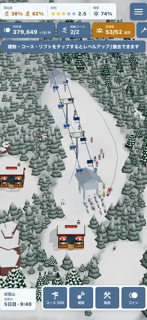 A busy resort with guests crowding around the lift and restaurants